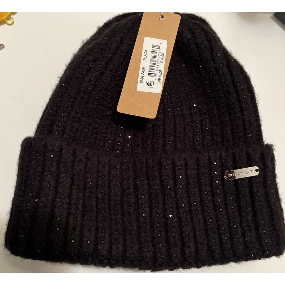Steve Madden Unisex Beanie Hat Black Metallic Sparkles Logo OS Winter Chic